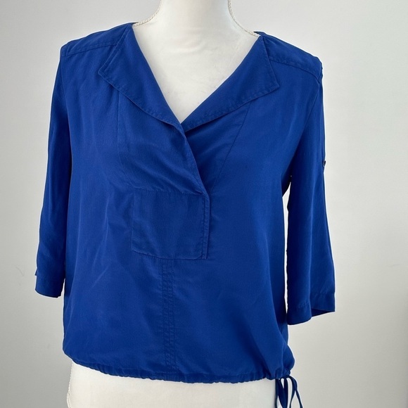 BCBG MaxAzria Royal Blue Popover Blouse Womens XXS Roll Tab sleeve 100% Silk - Picture 1 of 7